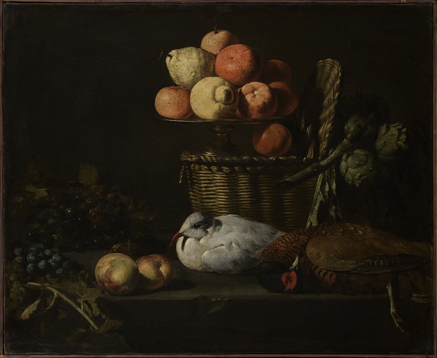 Pittore attivo a Napoli, Cesta con alzata di agrumi, carciofi, uva e volatili, 1640-1650 circa 
