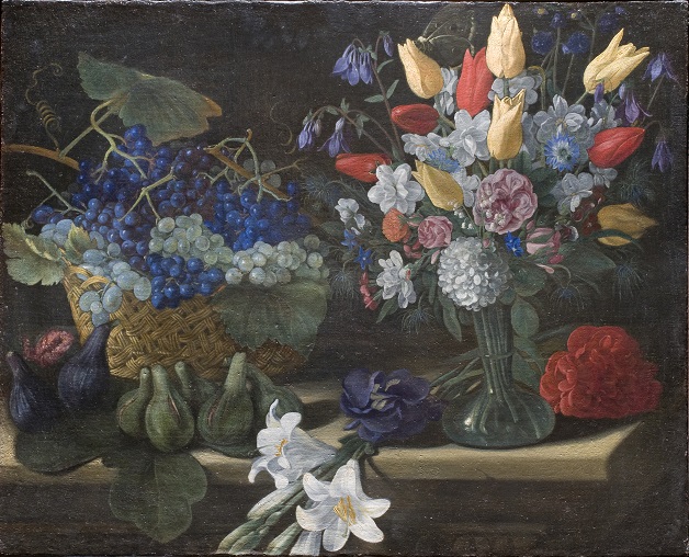 Pittore caravaggesco Natura morta con cesto d’uva, fichi, vaso di fiori e gigli, 1620-1630 circa 