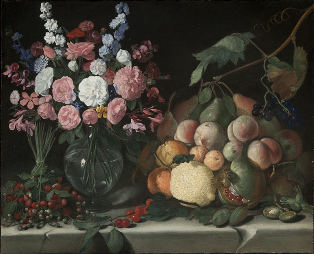 Pittore caravaggesco Natura morta con vaso di fiori, fragoline, pesche, pere e altri frutti, 1620-1630 circa 
