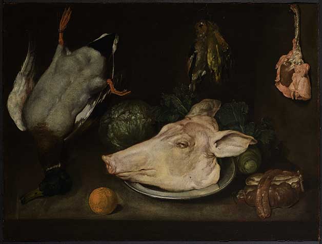 Giacomo Ceruti, Natura morta con testa di maiale, anatra, volatili, cavolo e frattaglie, 1725-1730 