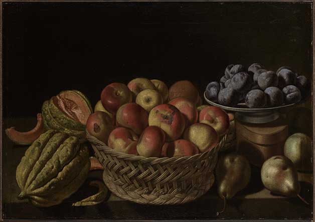 Evaristo Baschenis, Natura morta con cesto di mele, piatto con prugne, meloni e pere 1645-1650 ca. 